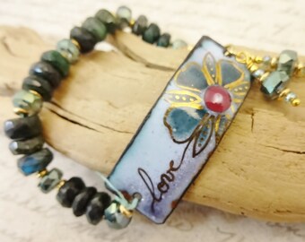 Artisan Enamel and Gemstone Bracelet, One of a Kind Enamel and Labradorite Jewelry, Green Labradorite, Gift for Her