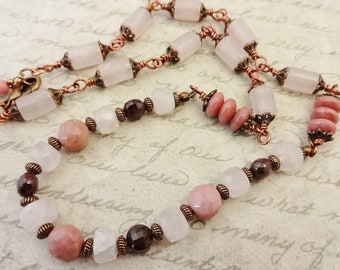 Rose Quartz, Rhodonite and Garnet Gemstone Necklace, Eclectic Jewelry with Gemstones and Copper, Gift for Her