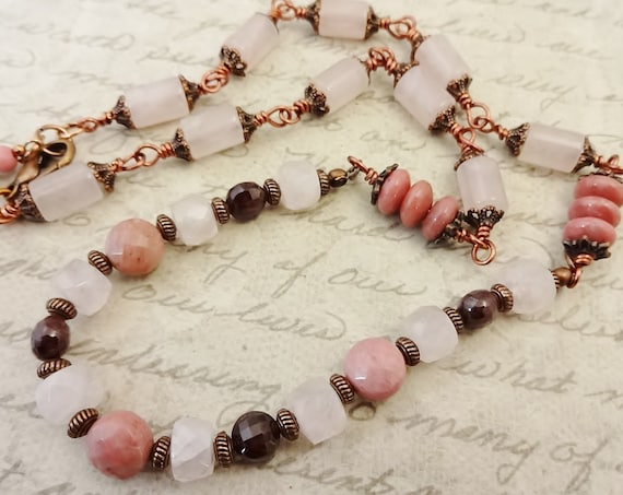Rose Quartz, Rhodonite and Garnet Gemstone Necklace, Eclectic Jewelry with Gemstones and Copper, Gift for Her