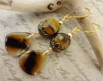 Montana Agate and Tigers Eye Gemstone Earrings, Brown Designer Stone Earrings, Gift for Her, Brown Gemstone Jewelry