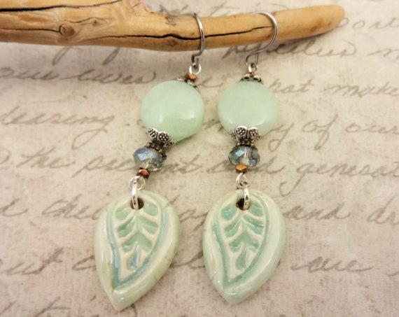 Mint Green Ceramic and Gemstone Earrings, Mint Chrysoprase and Leaf Earrings, Bohemian Earrings, Gift for Her