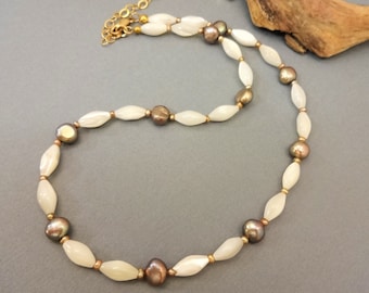 Mother of Pearl and Freshwater Pearl Necklace and Earring Set, Cream and Beige Gemstone Necklace, Gift for Her