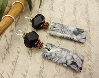 Black Onyx & Pinolith Stone Earrings: Modern Silver Wire Jewelry