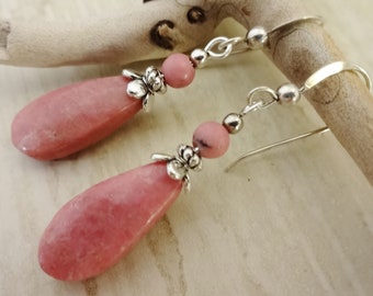 Rhodonite Gemstone Earrings, Rose Pink Stone Earrings, Rose Pink Jewelry, Gift for Her, Gift for Wife, Mother's Day Gift