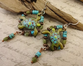 Artisan Blue and Green Enamel Turtle Earrings, Turquoise and Jade Earrings, Gorgeous Colorful Turtle Earrings, Gift for Her