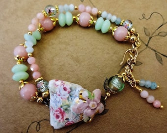 Artisan Ceramic Flower Bracelet in Pink Blue Green, Pink Opal, Green Glass, Blue Lace Agate, Gift for Her, Spring Jewelry