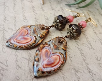 Bohemian Ceramic and Gemstone Earrings, Rose Pink and Brown Heart Earrings, Smoky Quartz and Rhodonite One of a Kind GIft for Her