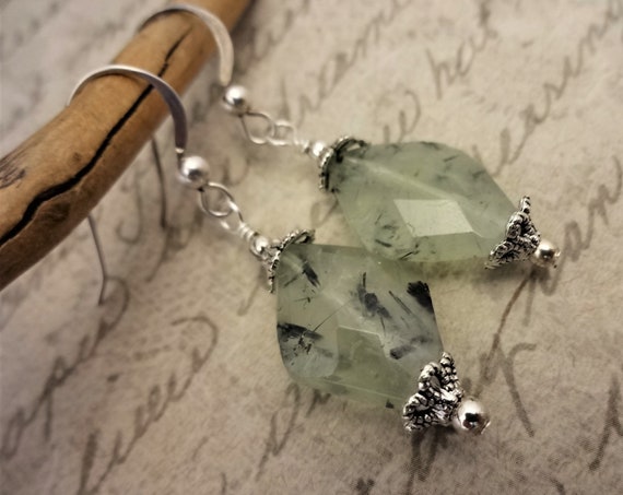 Prehnite and Sterling Silver Earrings, Green Prehnite Gemstone Earrings, Handmade Earrings, Gift for Her