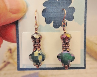 Boho Dark Aqua Czech Glass Earrings, Antique Copper Quatrefoil