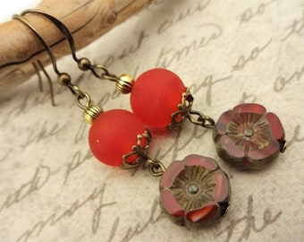 Red Lampwork Glass Flower Earrings: Czech Dangle Jewelry