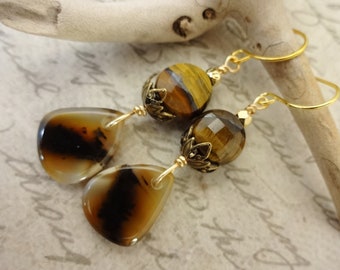 Montana Agate and Tigers Eye Gemstone Earrings: Gold Wire Wrapped