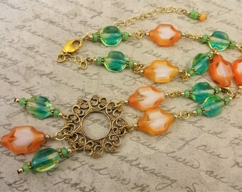 Filigree Necklace and Earring Set: Orange & Green Glass, Antique Brass