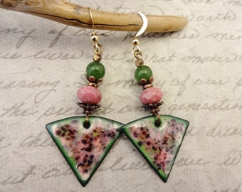 Artisan Enamel Earrings, Green Jade and Rhodonite Earrings, French Enamels, One of a Kind Handmade Earrings, Gift for Her