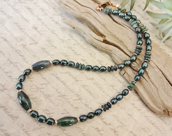 Moss Agate and Pearl Necklace: Dark Green Gemstone Jewelry