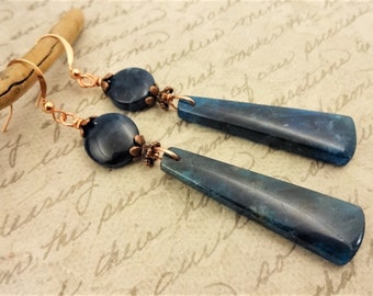 Wire Wrapped Blue Apatite Earrings: 14k Gold Fill, Long Gemstone Jewelry