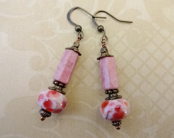 Rhodonite and Lampwork Earrings, Rhodonite Gemstone Earrings, Rose Pink Dangle Earrings, Gift for Her