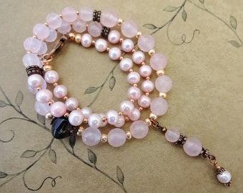 Rose Quartz and Pearls Gemstone Necklace, Pink Pearls and Gemstone Jewelry, Gemstones and Copper, Gift for Her