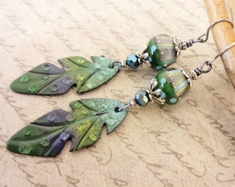 Blue and Green Artisan Enamel and Lampwork Earrings, One of a Kind Artisan Earrings, Boho Feather Leaf Earrings