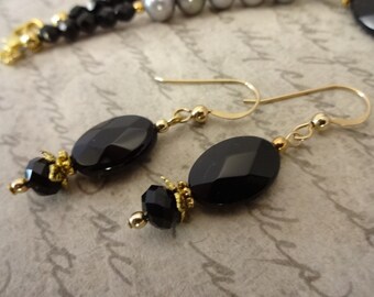 Black Onyx Dangle Earrings: 14K Gold Fill, Faceted Ovals