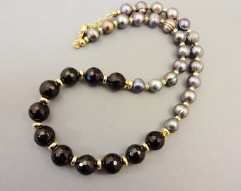 Handmade Black Agate & Pearl Necklace: Beaded Gemstone Jewelry