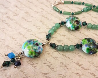 Lampwork Glass Necklace: Green Aventurine & Swarovski Crystals