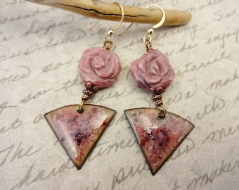 Artisan Enamel Earrings: Rhodonite Rose, French Pink Purple Charms
