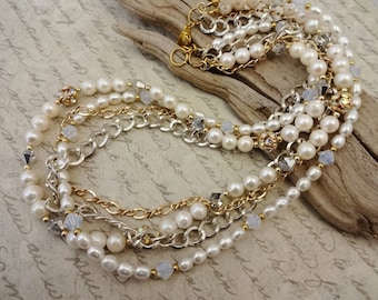 Freshwater Pearl and Crystal Necklace: Four Strand Bridal Jewelry