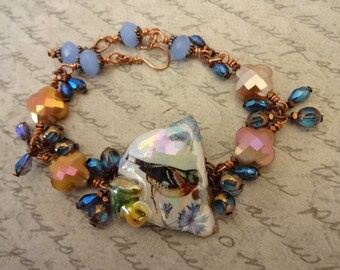 Artisan Ceramic Bird Bracelet: Copper, Glass Bead Dangles