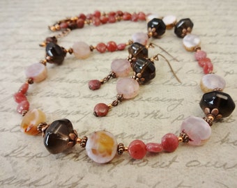 Rhodonite, Smoky Quartz, Pink Crackle Agate Gemstone Necklace and Earring Set, Eclectic Gemstone Jewelry, Gift for Her