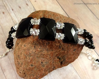 Black Onyx Swarovski Crystal Bracelet: Chunky Statement Jewelry