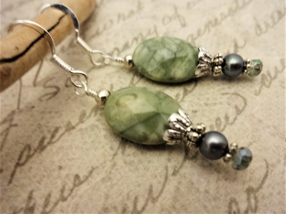 Green Ryolite Gemstone, Pearl and Crystal Earrings, Rainforest Jasper Earrings, Boho Earrings, Gift for Her