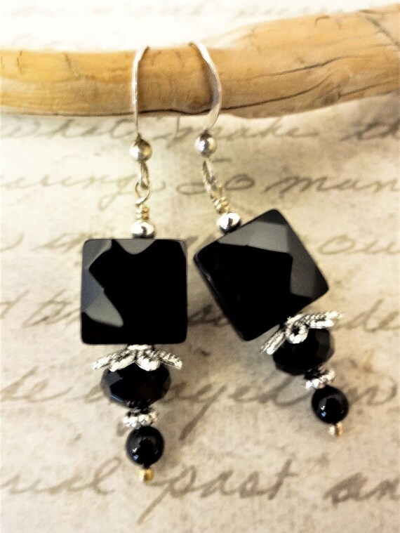 Black Onyx Sterling Silver Earrings: Faceted Gemstone Dangle