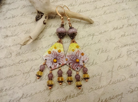 Artisan Enamel Earrings, Yellow Gold and Purple One of a Kind Handmade Earrings, Gift for Her, Citrine and Lepidolite
