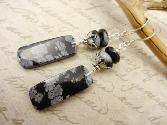 Snowflake Obsidian Earrings, Black and Gray Earrings, Black Stone Jewelry, Natural Stone Earrings, Gift for Her