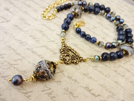 Artisan Lampwork Statement Necklace: Dumortierite, Czech Glass, Freshwater Pearl