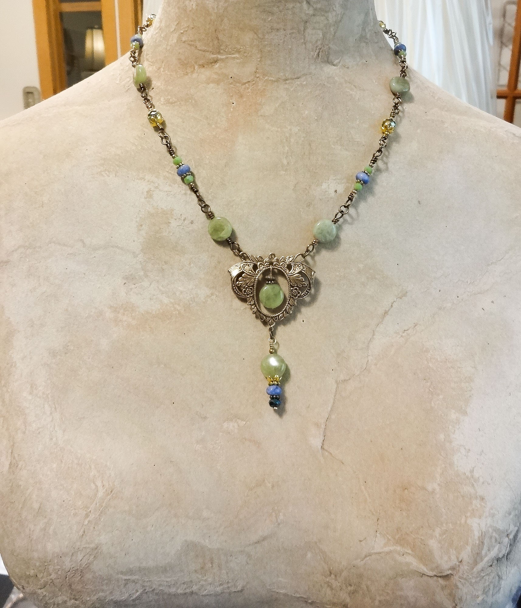 Green Garnet Vintage Style Necklace with Fancy Brass Filigree and ...