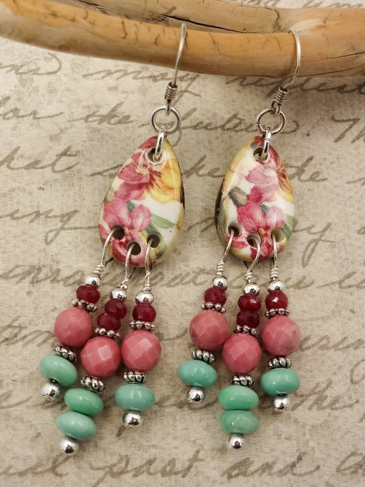 Pink and Green Earrings, Chandelier Earrings, Artisan Ceramic Earrings ...