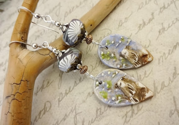 Lavender Brown and Green Artisan Polymer Clay Bird Earrings, Lightweight Earrings Gift for Her, Handmade Earrings