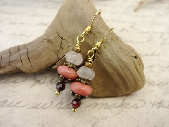 Garnet Rhodonite and Rose Quartz Gemstone Earrings, January Birthstone Earrings, Gemstone and Antique Brass Earrings
