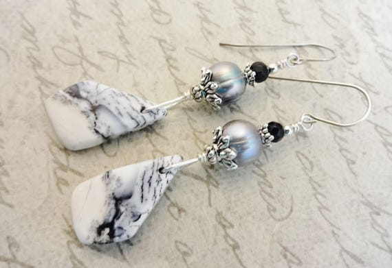 Dendritic Opal Earrings: With Large Gray Pearls and Black Onyx