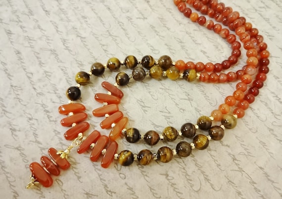 Tigers Eye and Carnelian Gemstone Necklace, Brown and Orange Stone Jewelry, Jewelry Gift for Her