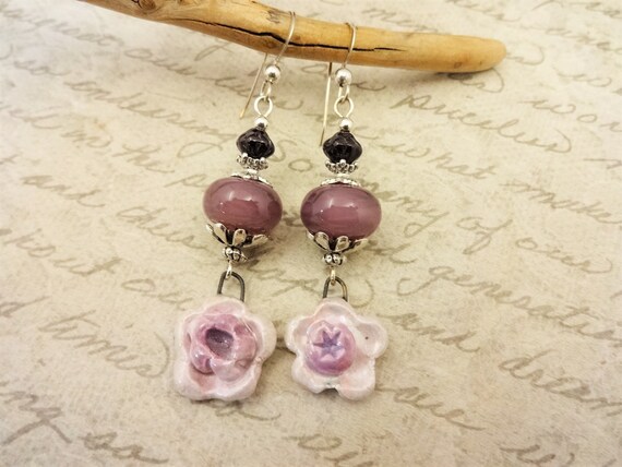 Shabby Chic Lavender Ceramic Flowers and Lamp Glass Earrings, Artisan Made Statement Earrings, Unique Gift for Her