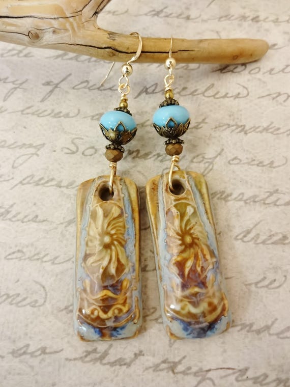 Bohemian Blue and Beige Ceramic Flower Earrings: Lampwork Glass