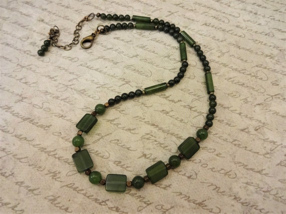 Jade and Antique Brass Necklace, Green Jade Jewelry, Adjustable Length, Boho Jade Necklace, Vintage Style Jewelry