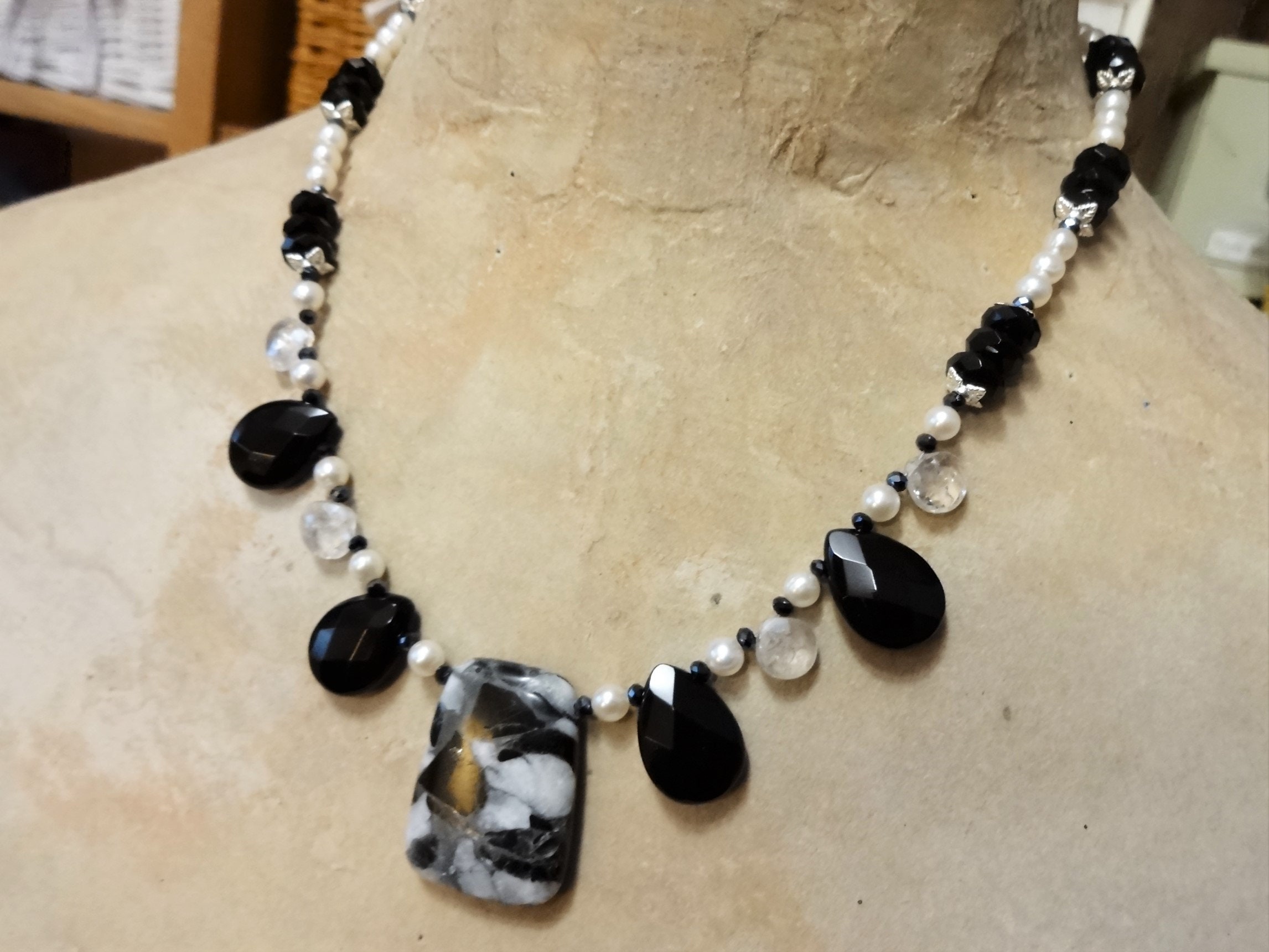 Black Onyx Necklace, Pearl and Gemstone, Black and White Necklace ...