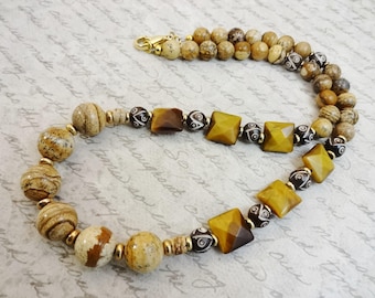 Picture Jasper, Tiger's Eye & Bone Necklace: Brown Chunky Gemstone Jewelry