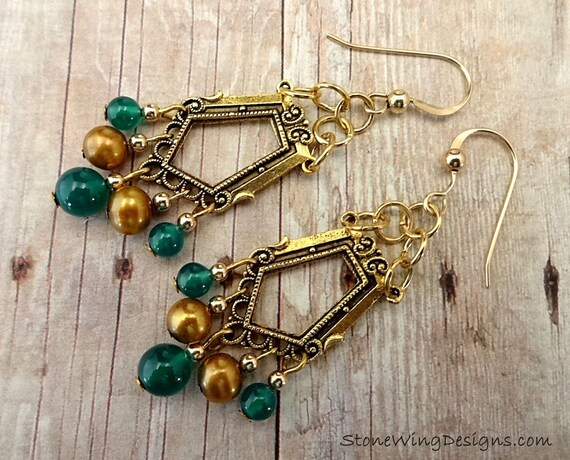 Chandelier Earrings with Green Onyx and Gold Pearls, Art Deco Style, Green Gemstones, Gift for Her