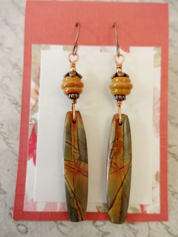 Red Creek Jasper and Lampwork Earrings: Rustic Boho Designer Jewelryxx