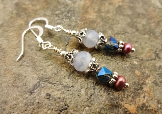 Blue Lace Agate, Blue Agate Earrings, Stone and Pearl, Blue and Rose, Gemstone Earrings, Blue Gemstones, Gift for Her Gift for Wife