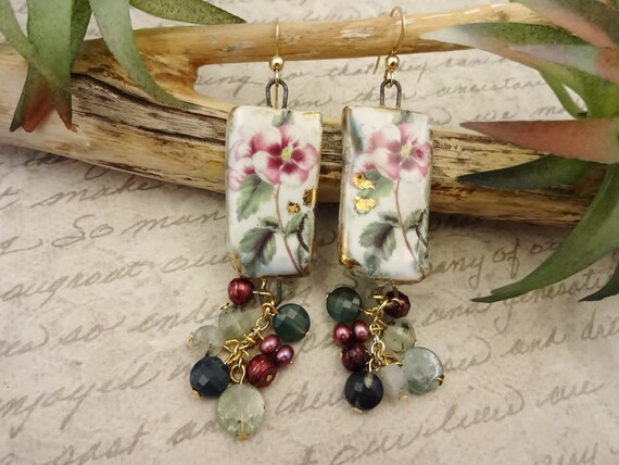 Porcelain Gemstones and Pearls Artisan Earrings, Green and Pink Flower Earrings, Green Gemstones, Gift for Her